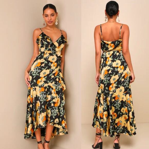 Lulu's Floral Black and Yellow High Low Dress - Picture 2 of 14